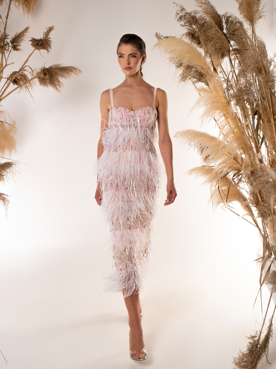 BLUSH FEATHER FRINGE GOWN